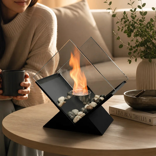 Mirrored Tabletop Fireplace with Bio-Ethanol Burner and Decorative Stones