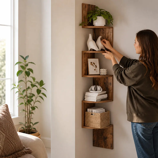 Rustic Wood-Look Zigzag Corner Wall Shelf (5-Tier)