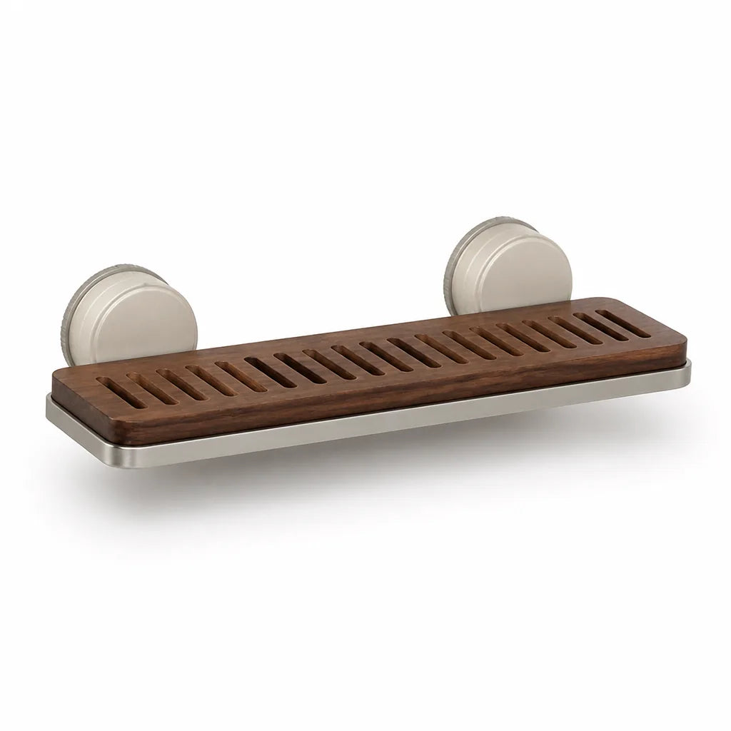 Walnut and Aluminum Drill-Free Suction-Cup Sink Shelf