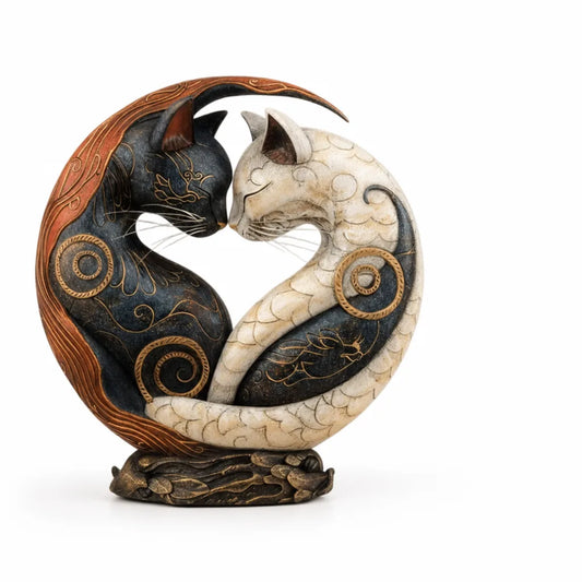 Hand-Painted Cat Yin-Yang Sculpture (Engraved Surface Patterns)