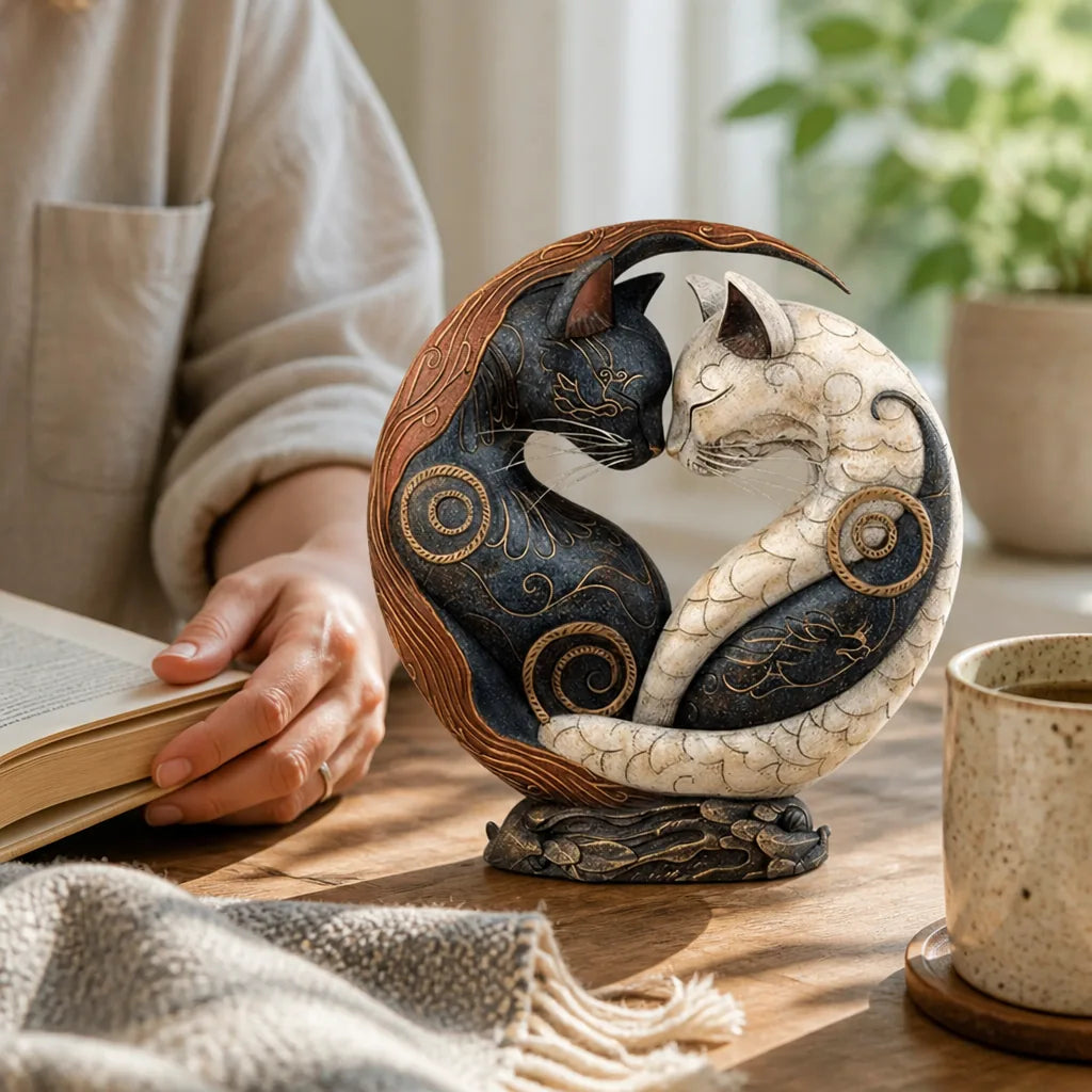 Hand-Painted Cat Yin-Yang Sculpture (Engraved Surface Patterns)