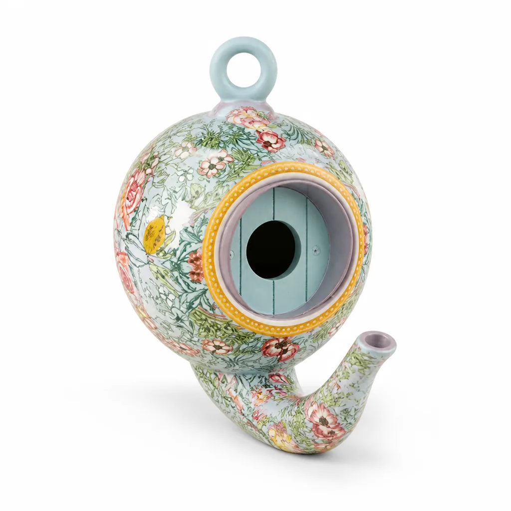 Hand-Painted Teapot Birdhouse with Hanger for Small Birds