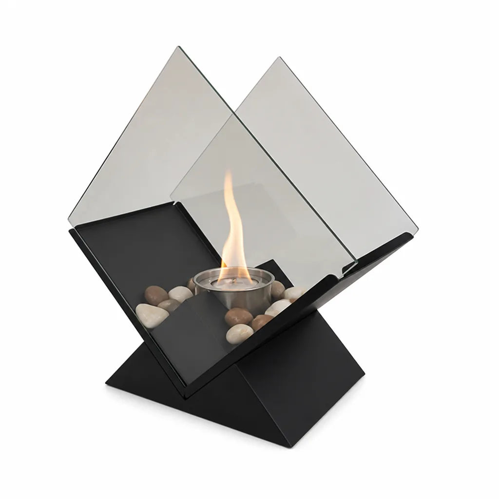Mirrored Tabletop Fireplace with Bio-Ethanol Burner and Decorative Stones