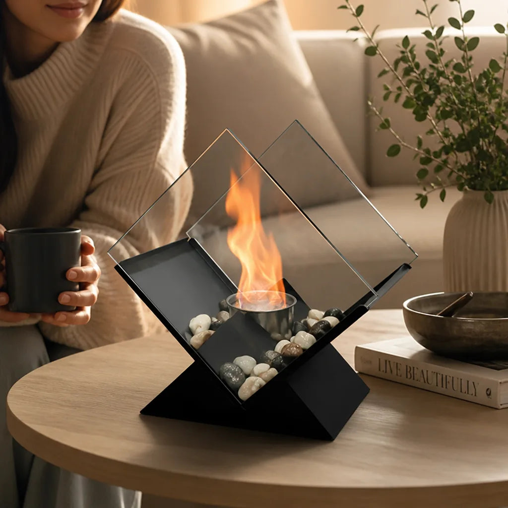 Mirrored Tabletop Fireplace with Bio-Ethanol Burner and Decorative Stones