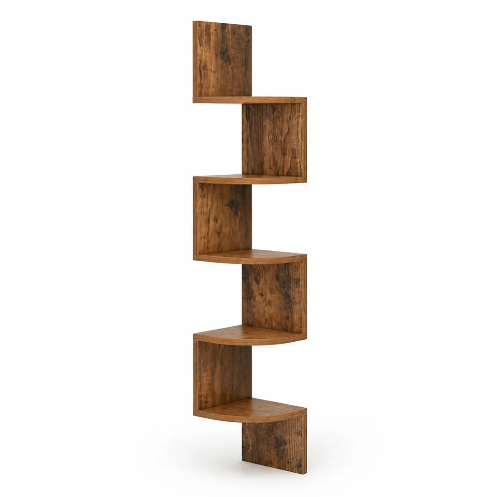 Rustic Wood-Look Zigzag Corner Wall Shelf (5-Tier)