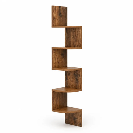 Rustic Wood-Look Zigzag Corner Wall Shelf (5-Tier)