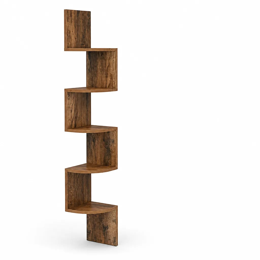 Rustic Wood-Look Zigzag Corner Wall Shelf (5-Tier)
