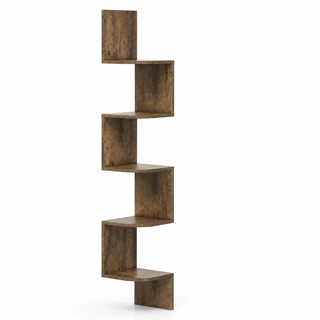 Rustic Wood-Look Zigzag Corner Wall Shelf (5-Tier)