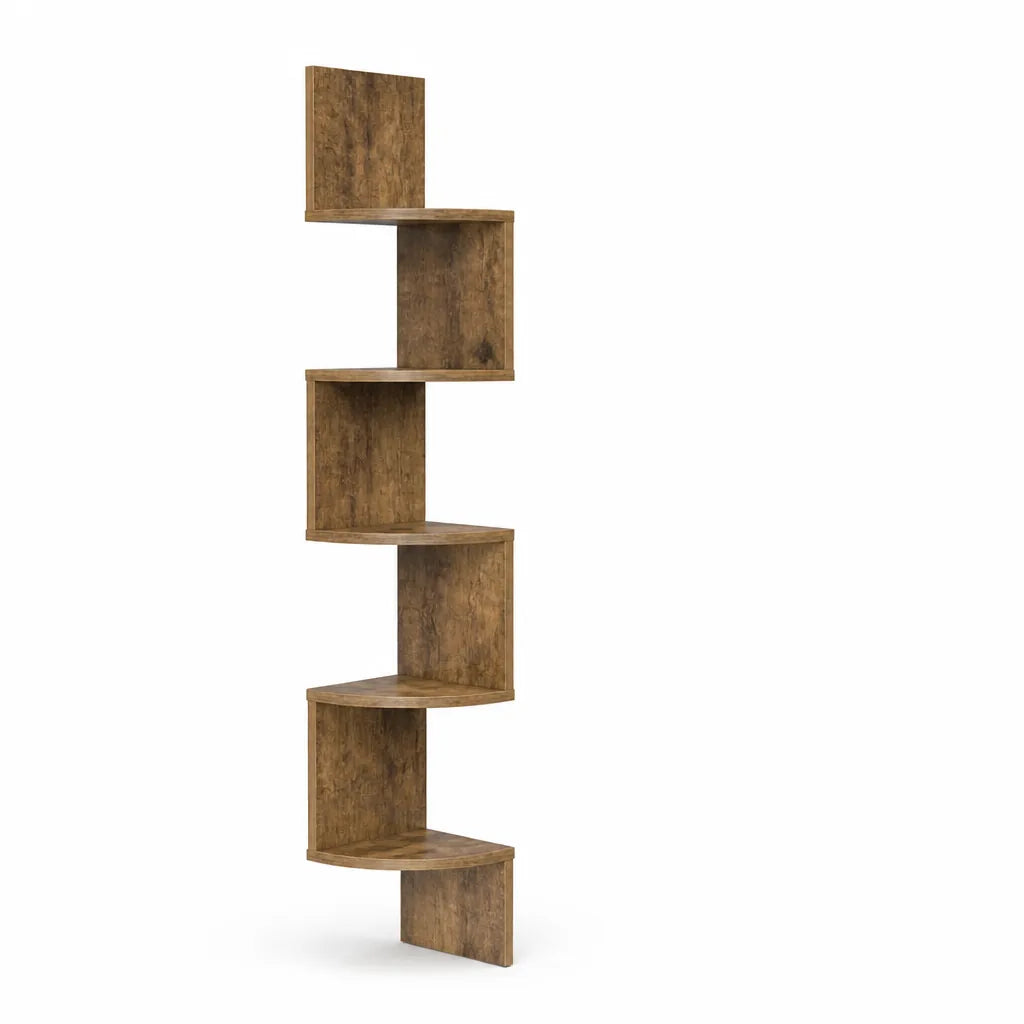 Rustic Wood-Look Zigzag Corner Wall Shelf (5-Tier)