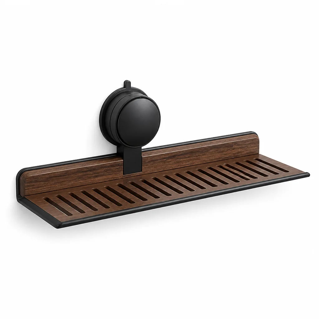 Walnut and Aluminum Drill-Free Suction-Cup Sink Shelf