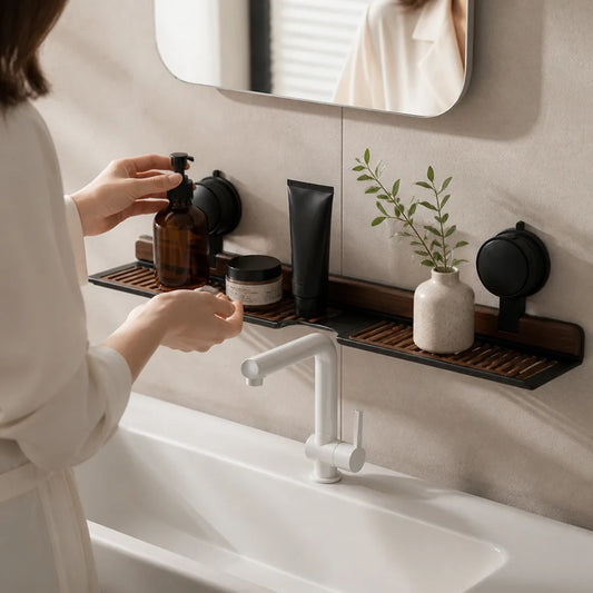 Walnut and Aluminum Drill-Free Suction-Cup Sink Shelf