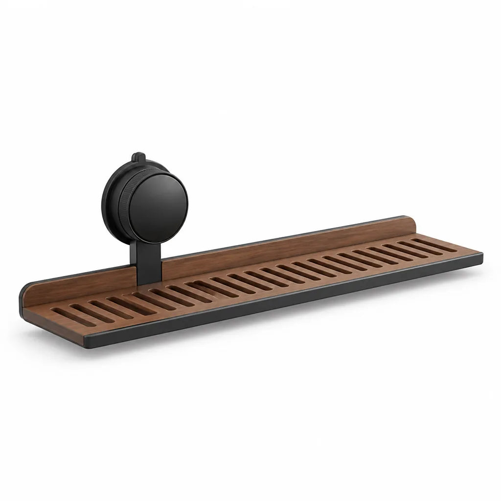 Walnut and Aluminum Drill-Free Suction-Cup Sink Shelf