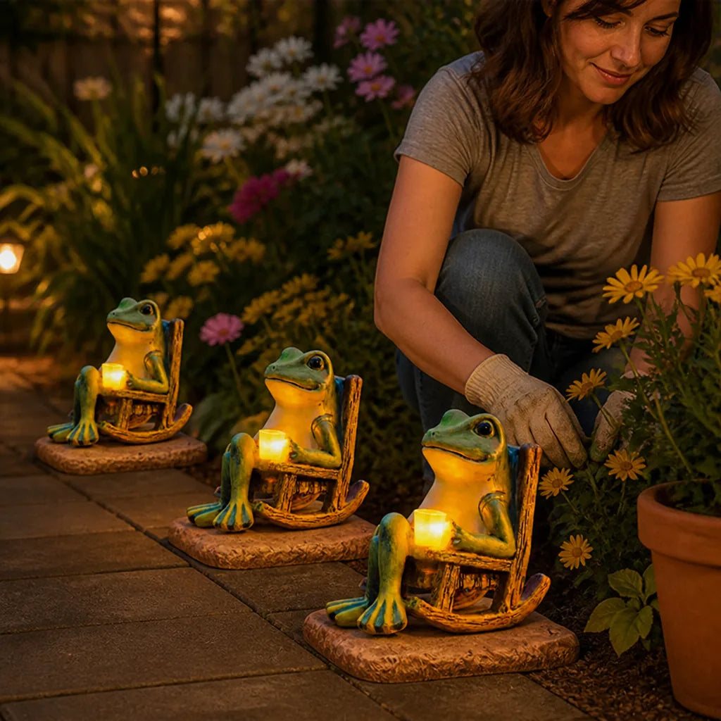 Weatherproof Solar Frog Figurine on Rocking Chair Garden Light