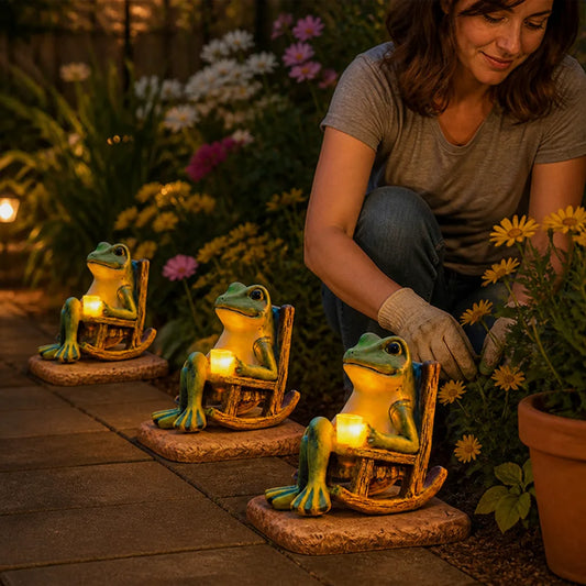 Weatherproof Solar Frog Figurine on Rocking Chair Garden Light